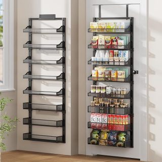 8-Tier Over the Door Pantry Organizer, Large Metal Door Spice Rack with Adjustable Basket, 2 in 1 Wall Mount or Hanging Heavy-Duty Pantry Door Storage Shelf for Kitchen and Bathroom, Black